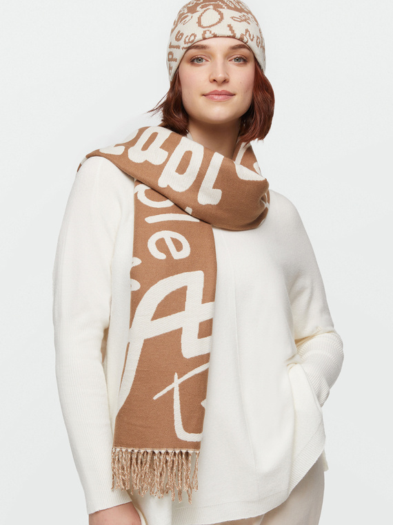 Fiorella Rubino - Sciarpa con scritte e frange Donna, Beige Taglia: 02