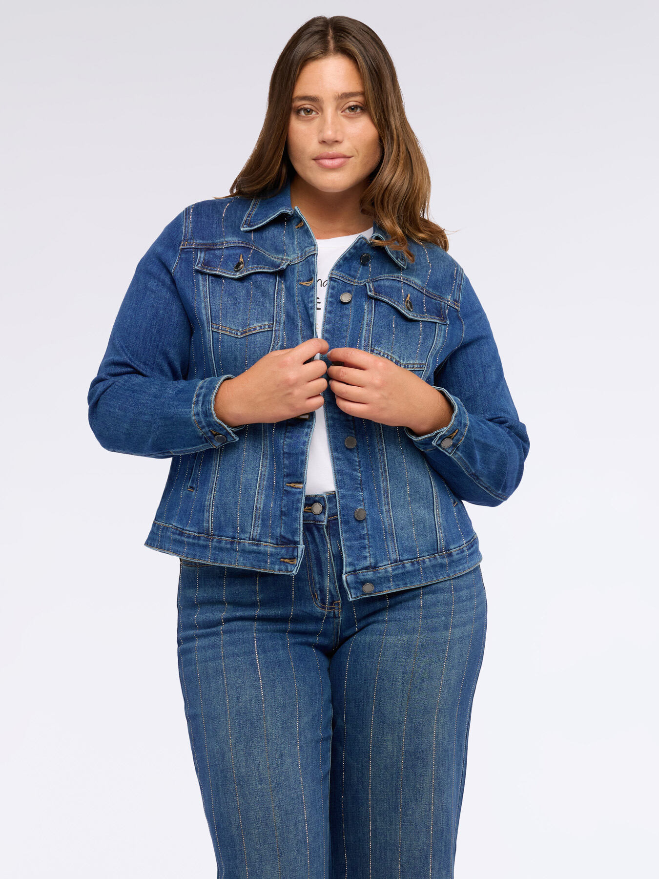 Denim jacket with rhinestone pinstripe image number 5