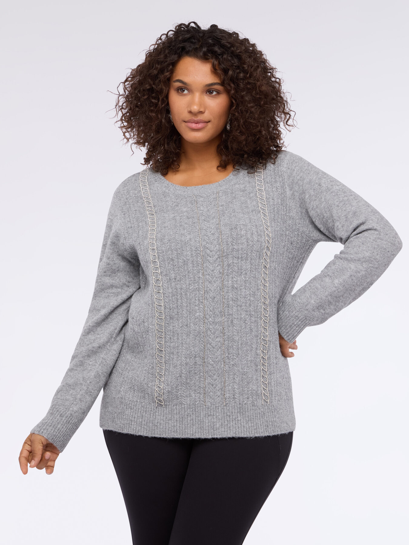 Braided knit sweater with rhinestone embroidery image number 2