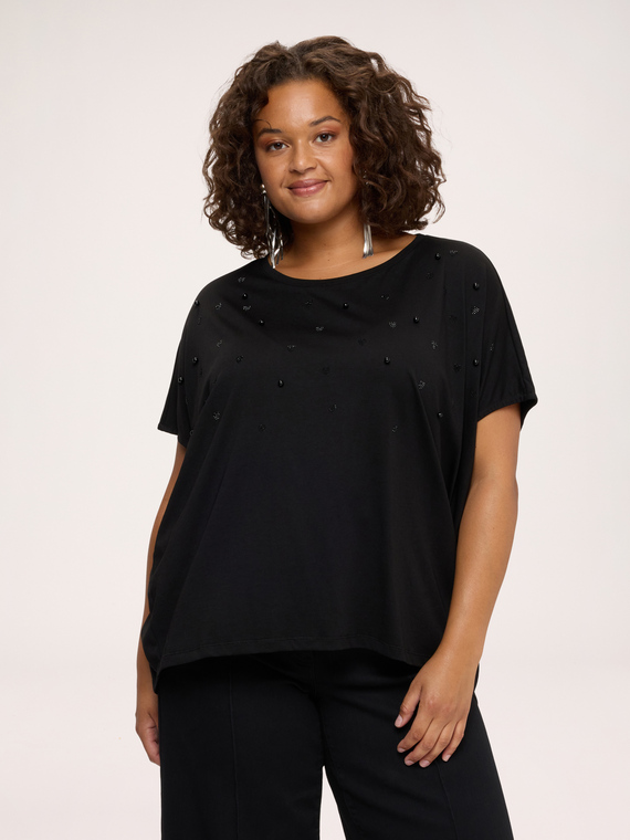 Jersey t-shirt with rhinestone and pearl hearts