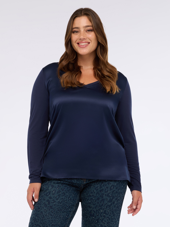 Two-material V-neck T-shirt with long sleeves