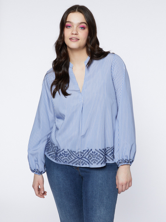 Fiorella Rubino - Blusa a righe con ricamo etnico Donna, Azzurro Taglia: 41 (50 IT)