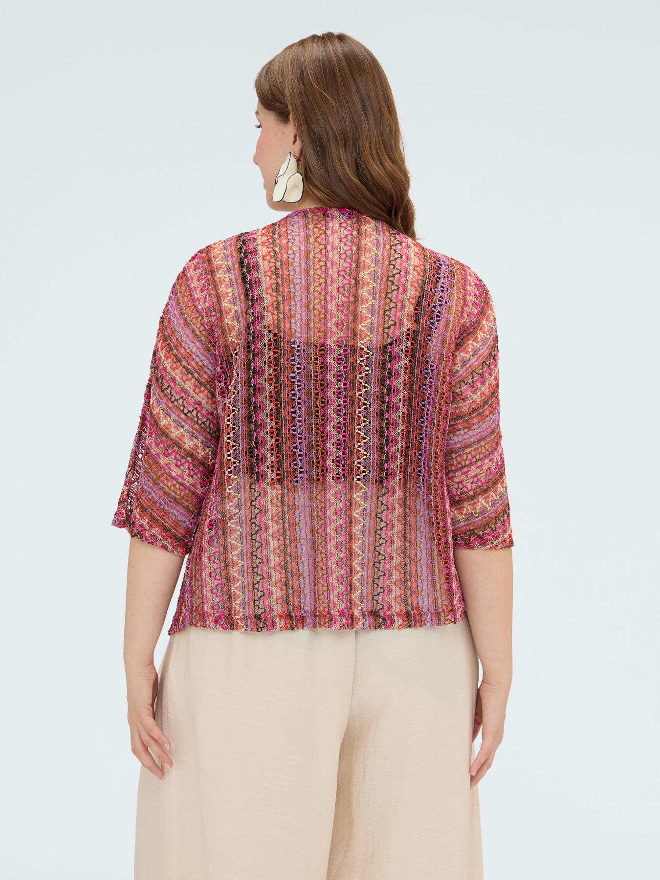 Short striped crochet-effect kimono image number 2