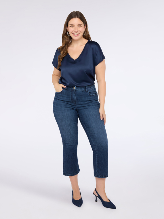 Fiorella Rubino - T-shirt bimaterica con scollo a V Donna, Blu Taglia: XS (44-46 IT)