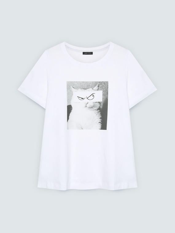 T-shirt in cotone con stampa gatto - vista alternativa | Fiorella Rubino