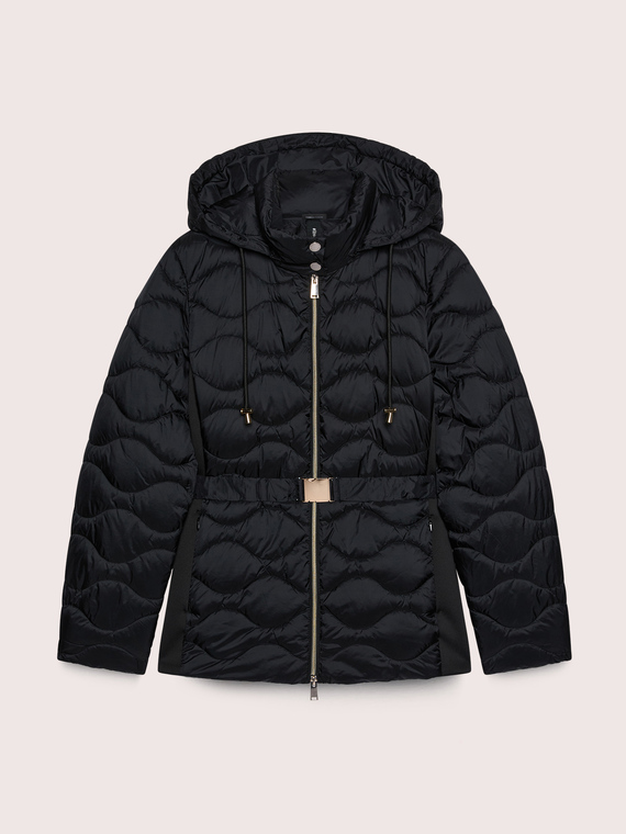 Two-material down jacket with waist belt