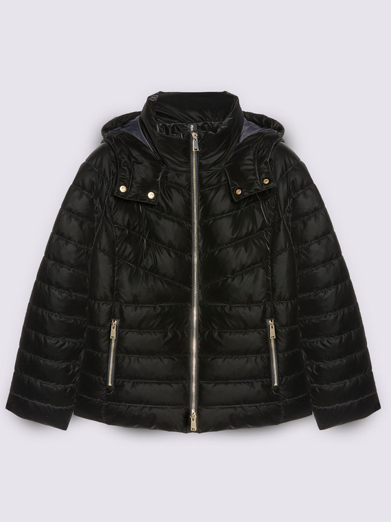 Velvet-effect hooded down jacket