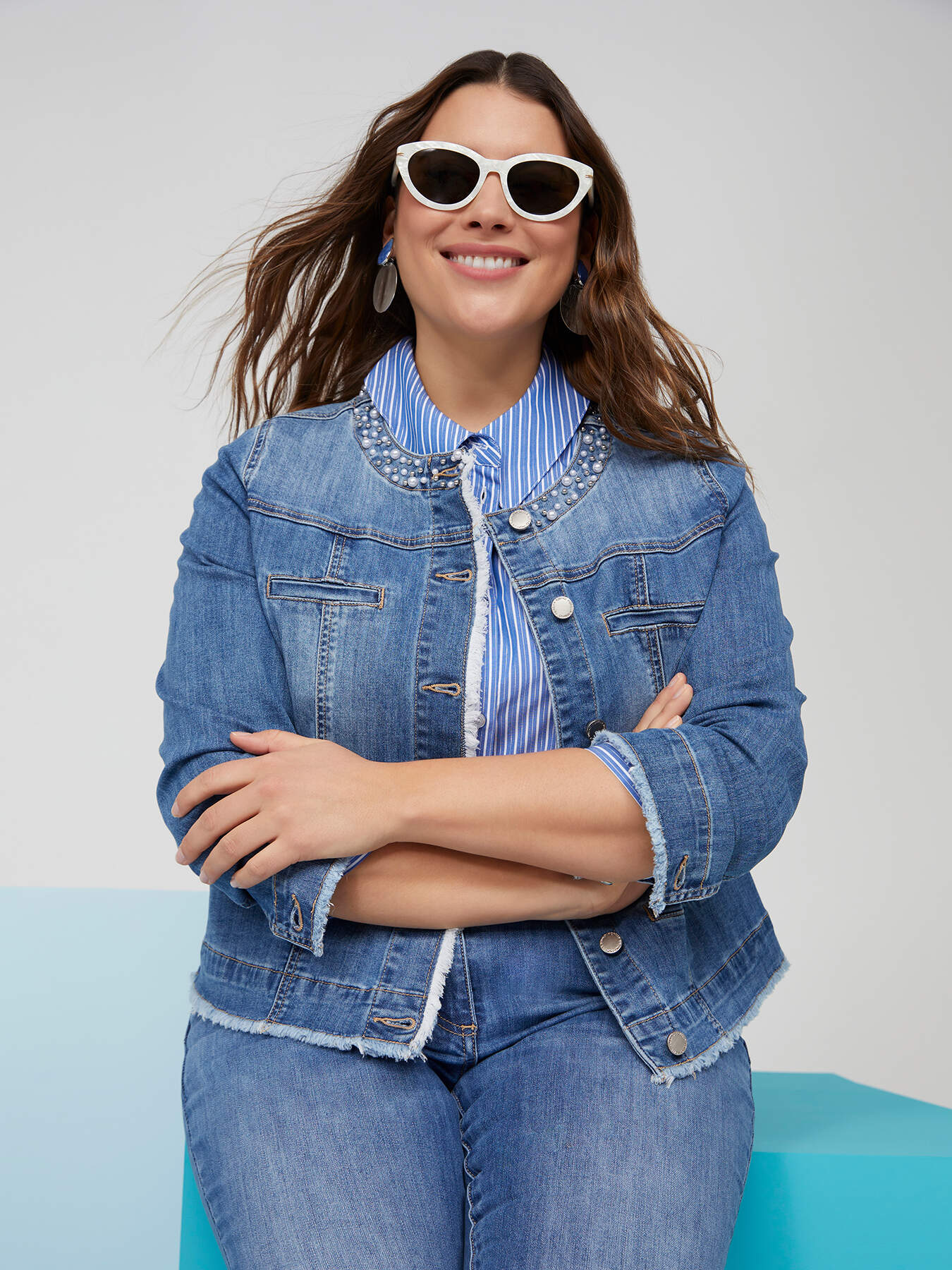 Denim jacket with pearl embroidery image number 0