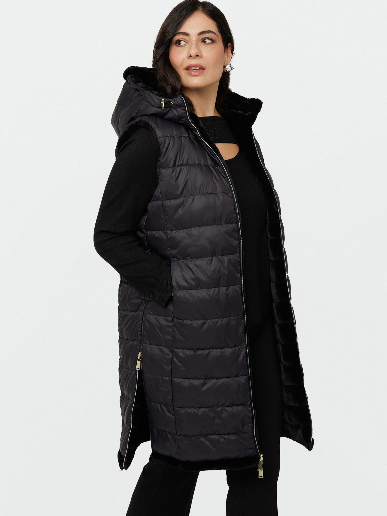 Gilet long avec fermeture &eacute;clair et capuche image number 4