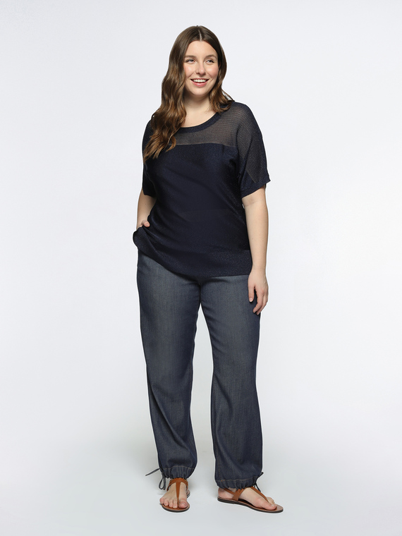 Fiorella Rubino - Maglia lurex con maniche corte Donna, Blu Taglia: M (52-54 IT)