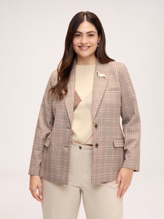 Checked blazer with dachshund brooch