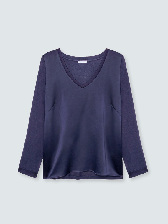 T-shirt con scollo a v in due tessuti | Fiorella Rubino