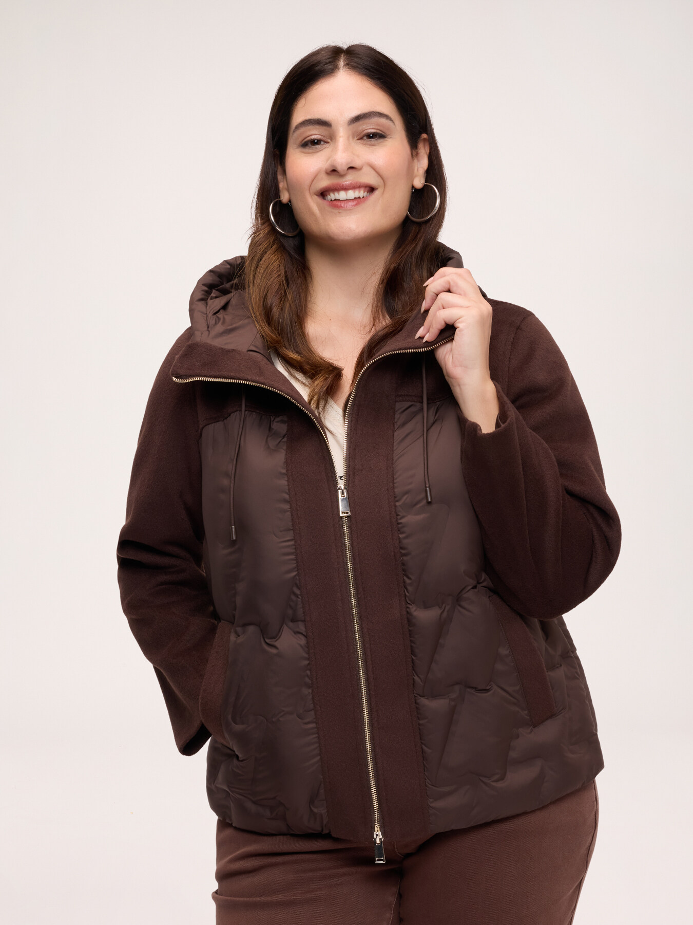 Bi-material down jacket with hood image number 0
