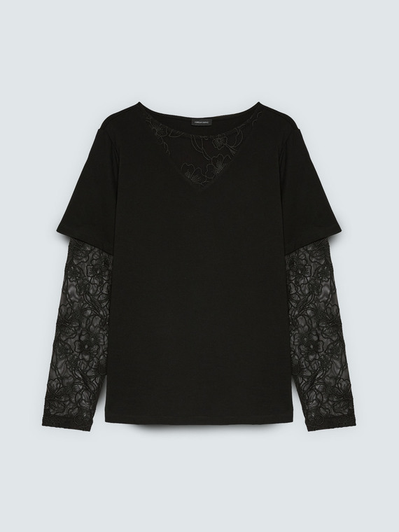 T-shirt con maniche e scollo in pizzo