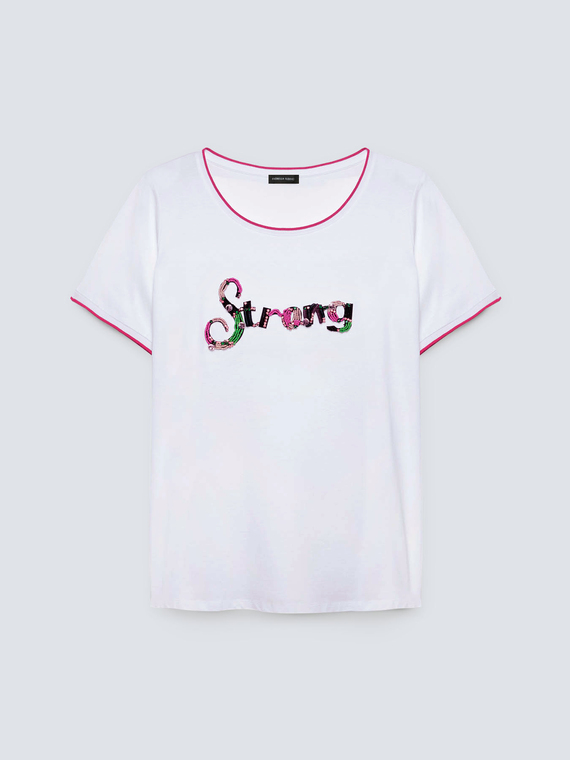 T-shirt with embroidered lettering and hot pink trim