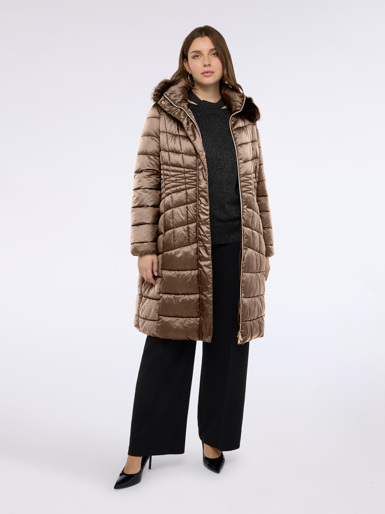 Long bi-material down jacket image number 2