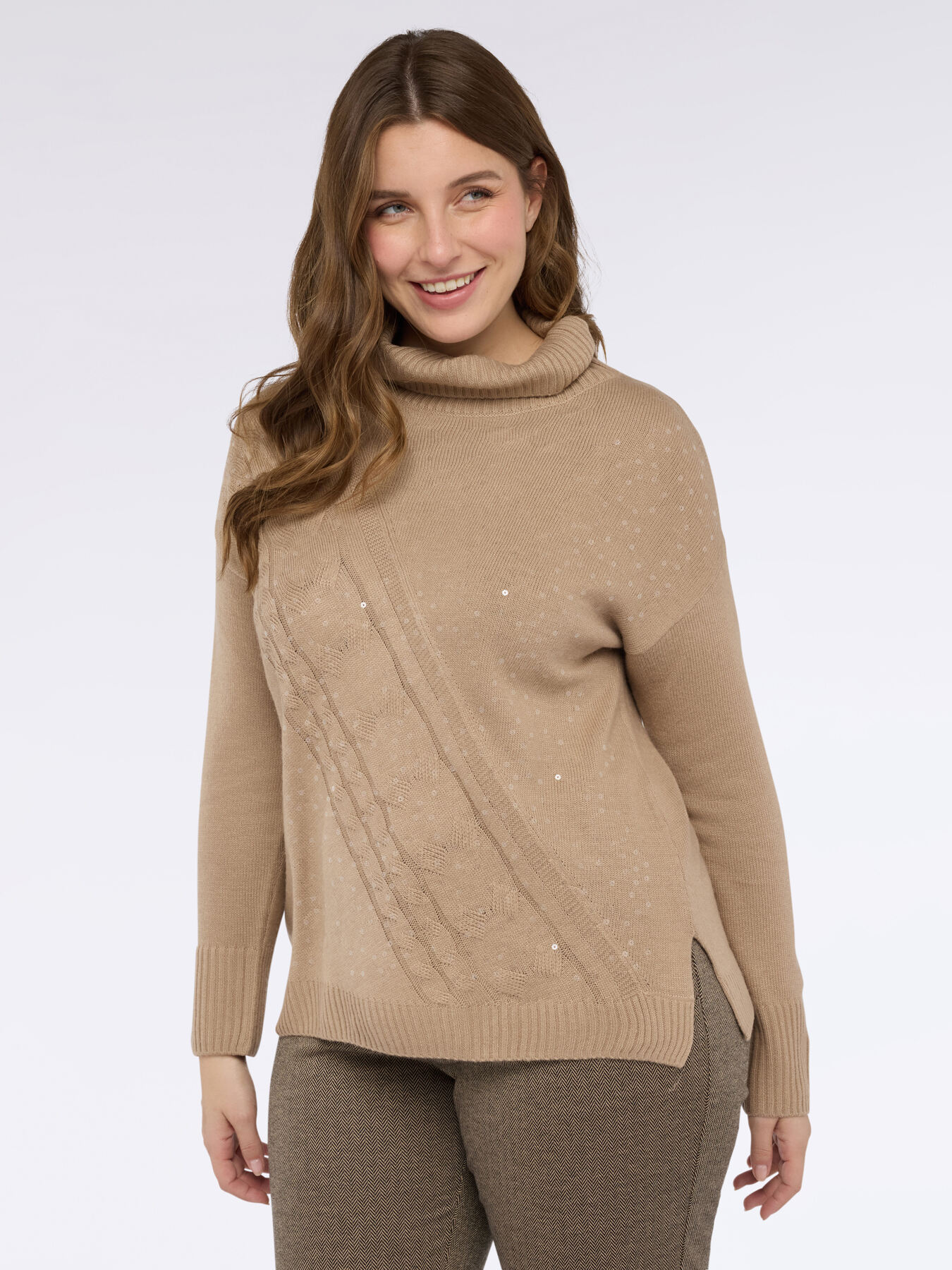 Cable knit turtleneck sweater with sequins image number 1