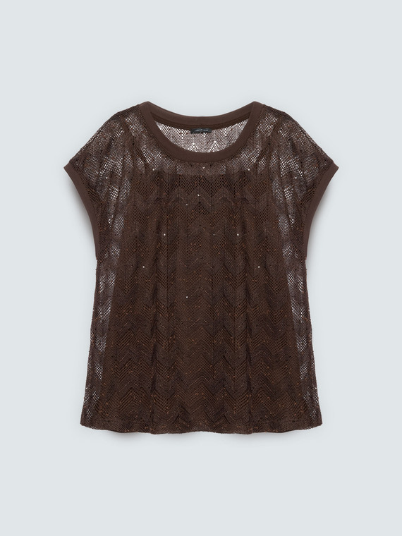 T-Shirt aus durchbrochener Ajour&eacute;-Strickware mit Pailletten