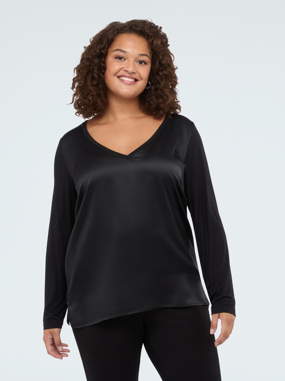 Two-material V-neck T-shirt with long sleeves