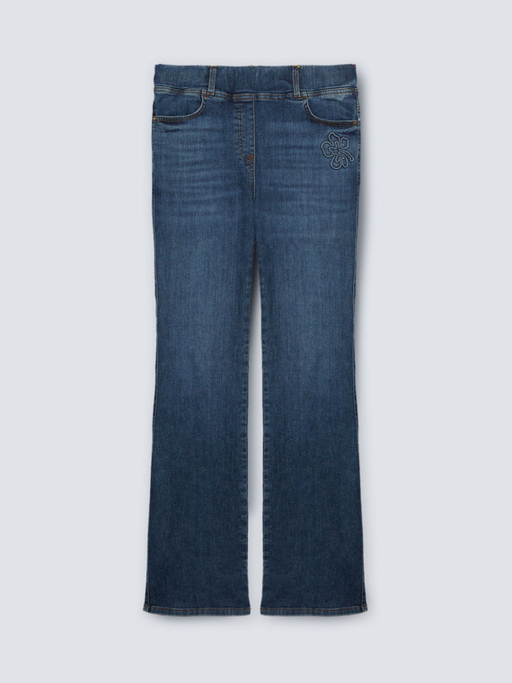 Flare-Jeans mit floraler Stickerei und elastischem Bund