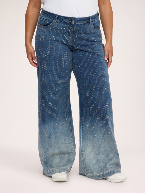 Wide Leg Jeans with Rhinestone Embellishment