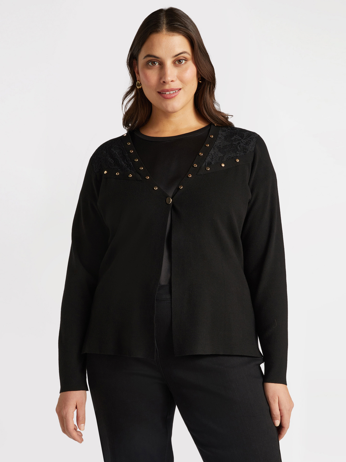 Cardigan con borchie e dettaglio in pizzo image number 0