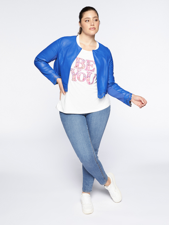 Fiorella Rubino - Giacca corta con fondo effetto pizzo Donna, Bluette Taglia: 39 (48 IT)