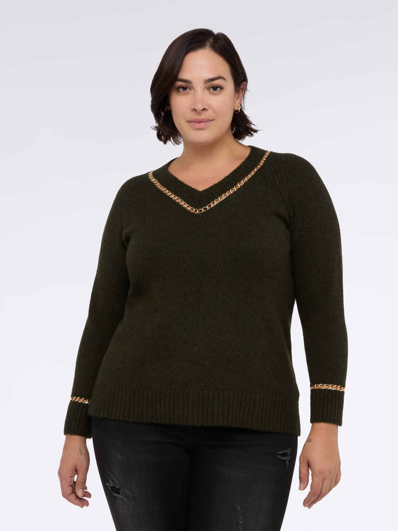 Pullover mit V-Ausschnitt und Kettendetails image number 0