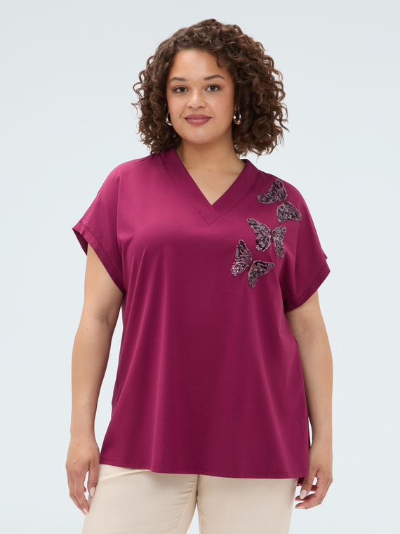 T-shirt bimaterica con farfalle in paillettes