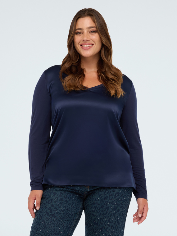 Two-material V-neck T-shirt with long sleeves