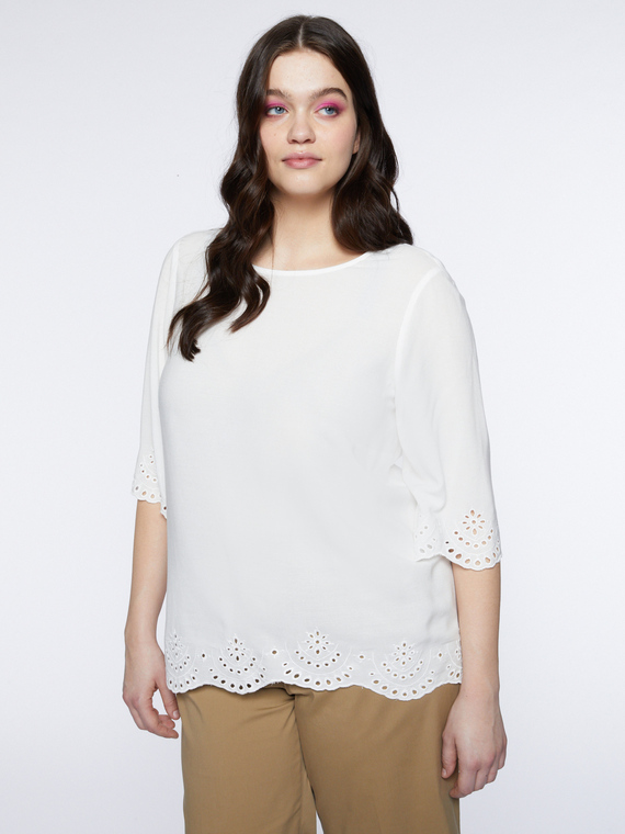 Fiorella Rubino - Blusa con fondo effetto pizzo Donna, Bianco Taglia: 45 (54 IT)
