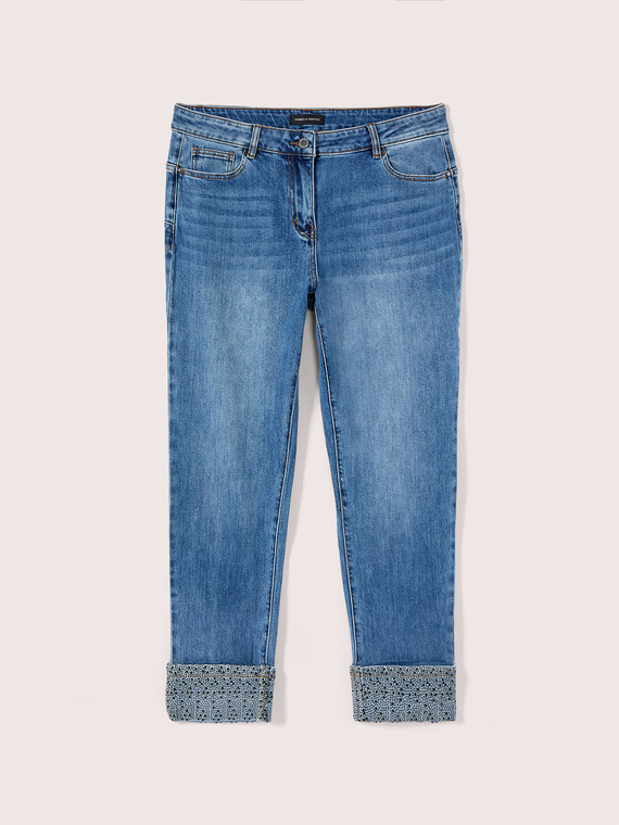 Skinny Jeans mit Strassbesatz an den B&uuml;ndchen