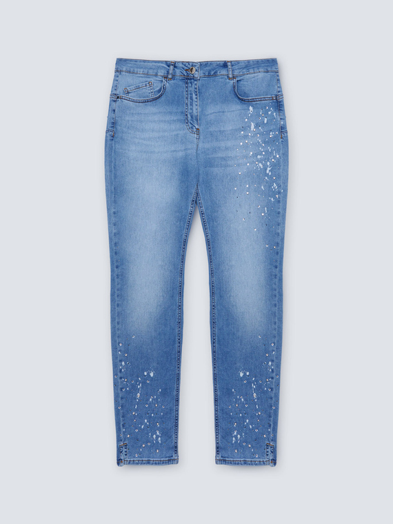 Jeans skinny con strass e stampa pennellate