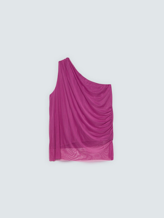 One-shoulder draped tulle top