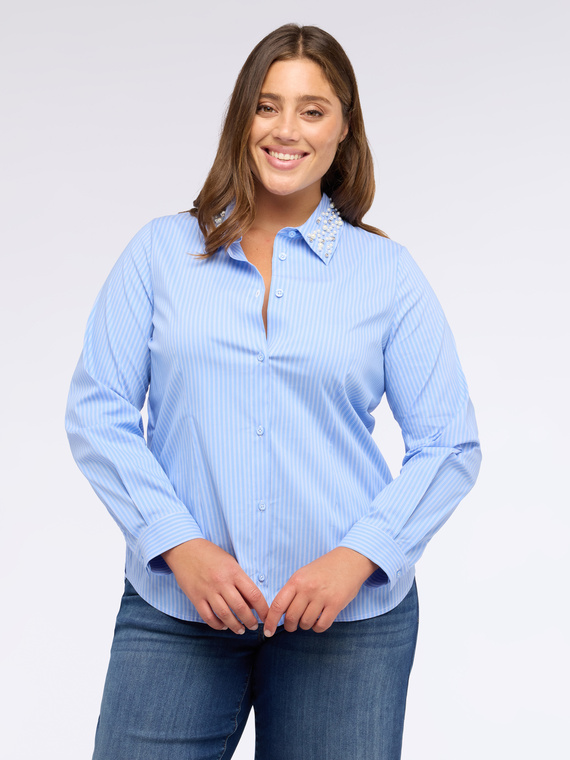 Fiorella Rubino - Camicia a righe in cotone con colletto prezioso Donna, Azzurro Taglia: 37 (46 IT)