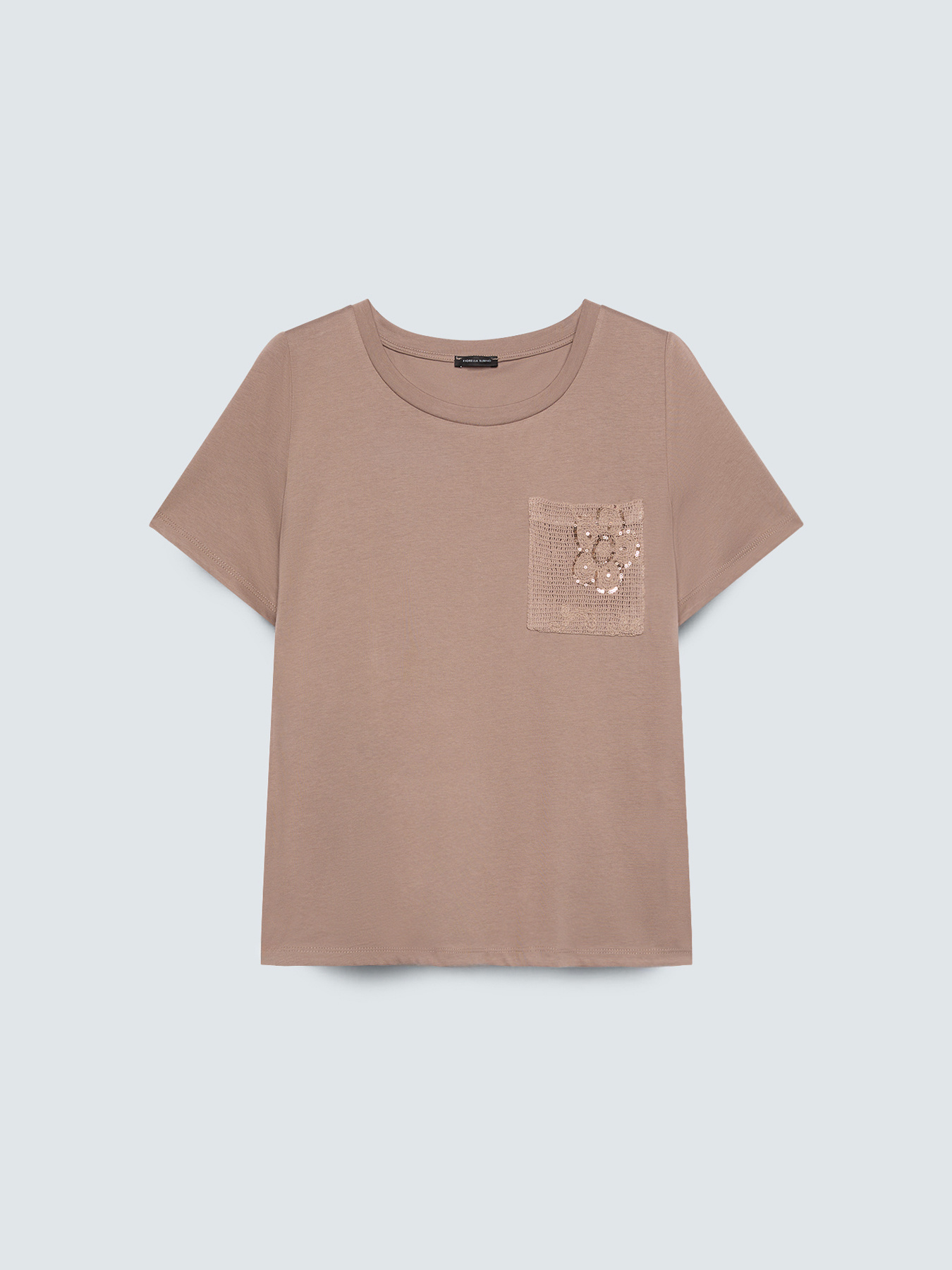 Cotton t-shirt with crochet pocket and sequins image number 0