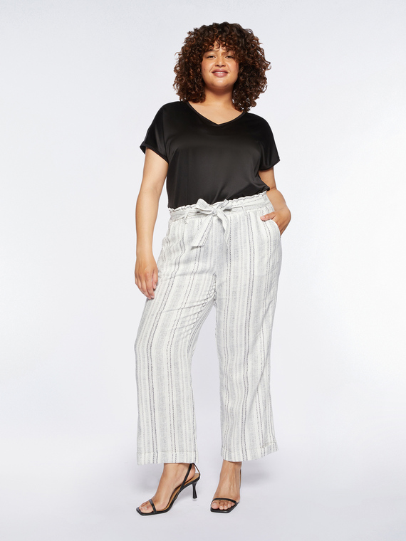 Fiorella Rubino - Pantaloni a righe con fusciacca in vita Donna, Bianco Taglia: 43 (52 IT)