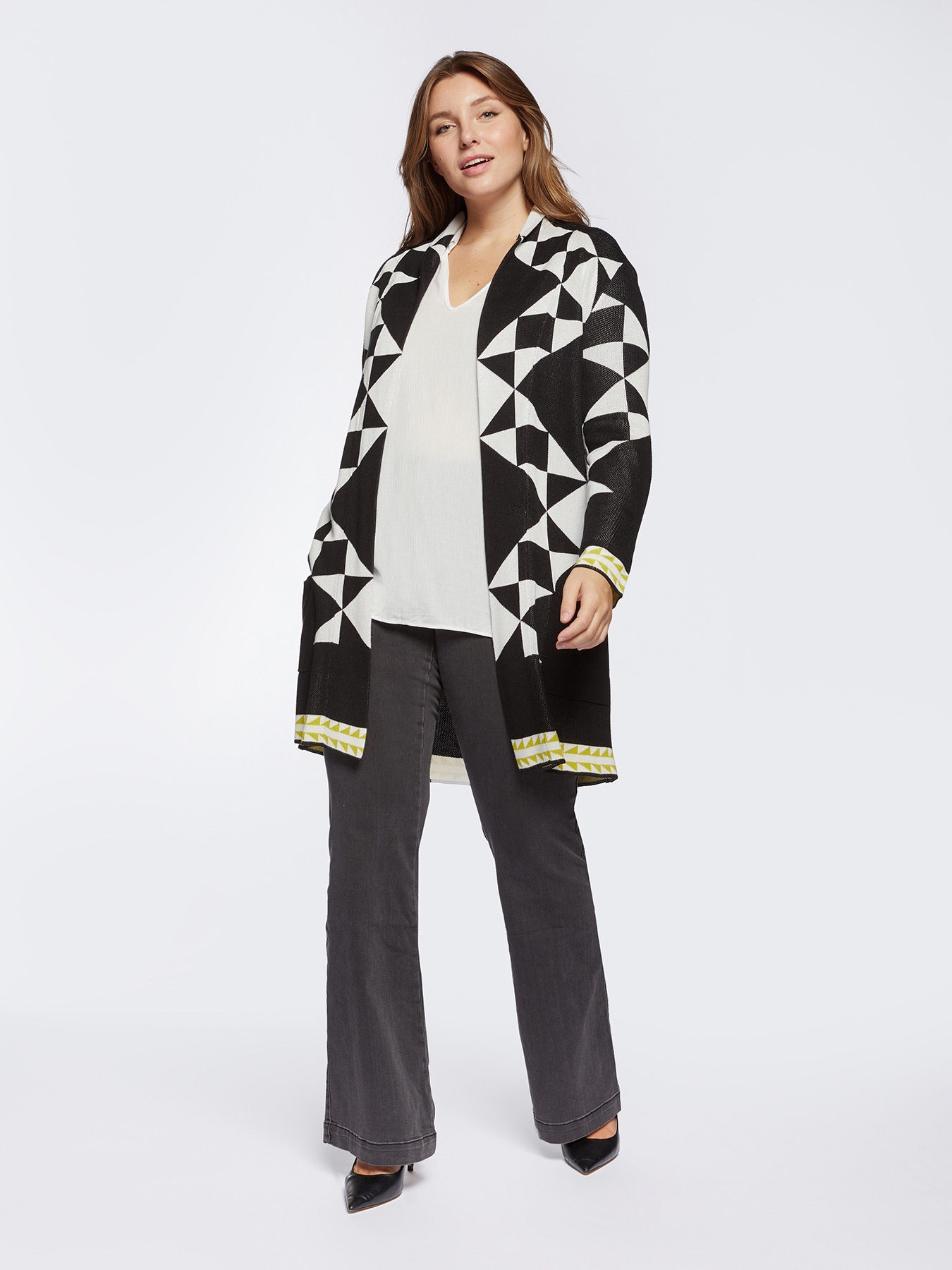 Long geometric patterned cardigan image number 0
