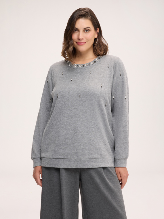 M&eacute;lange viscose sweatshirt with rhinestones and pearls