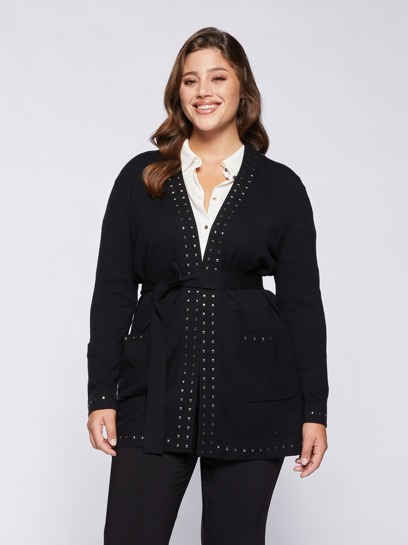 Long cardigan with studs and belt image number 2