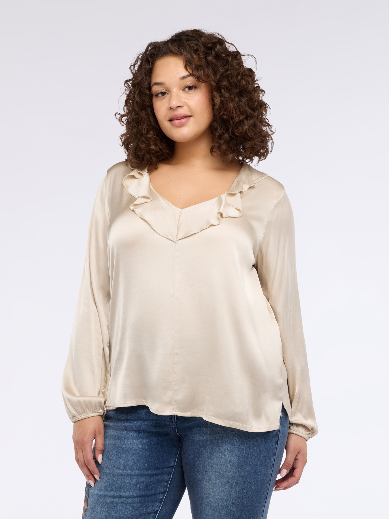 Satin blouse with ruffle on the neckline image number 2