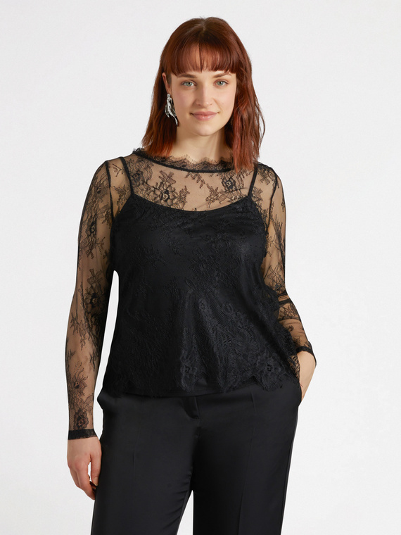 Fiorella Rubino - T-shirt in pizzo con top Donna, Nero Taglia: M (52-54 IT)