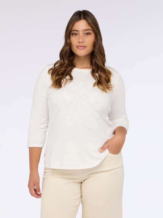 Jersey t-shirt with tone-on-tone embroidery three-quarter sleeves