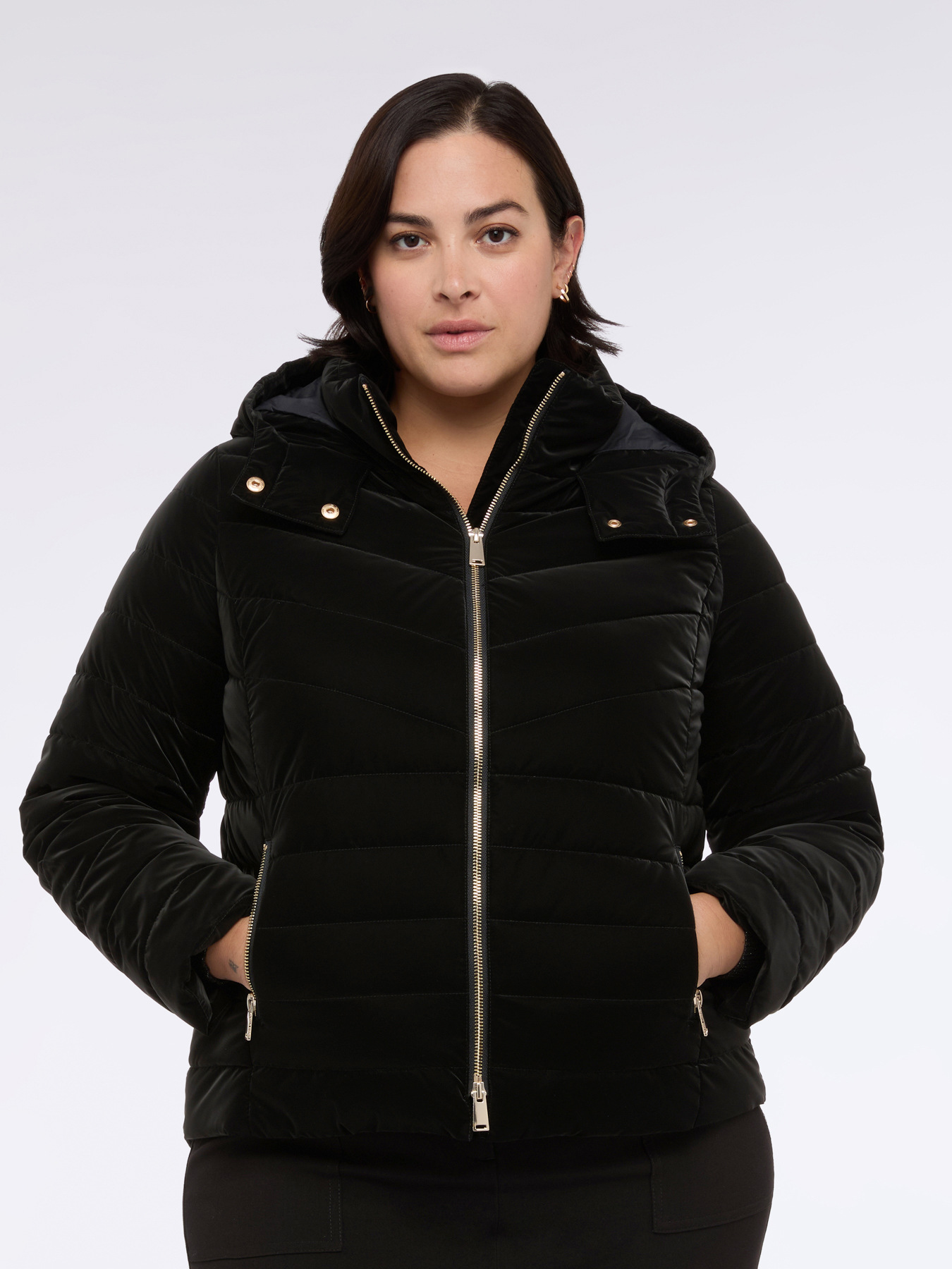 Velvet-effect hooded down jacket image number 3