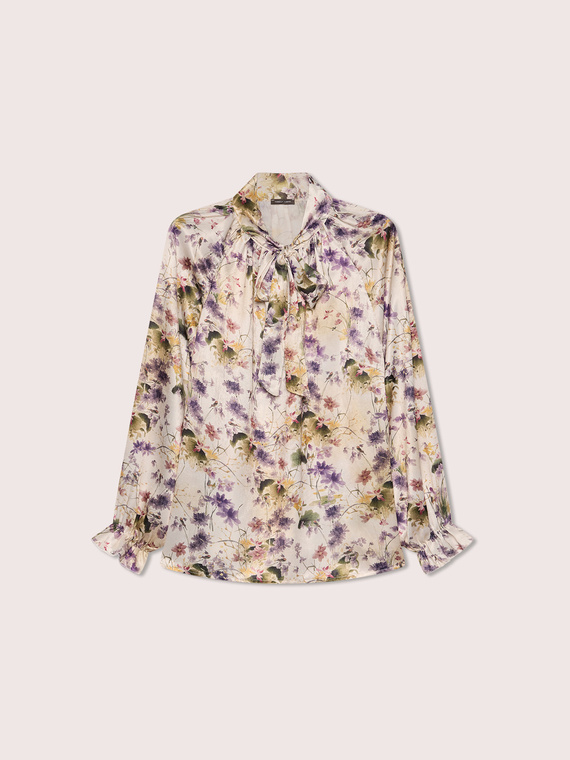 Blusa in raso con stampa floreale e fiocco
