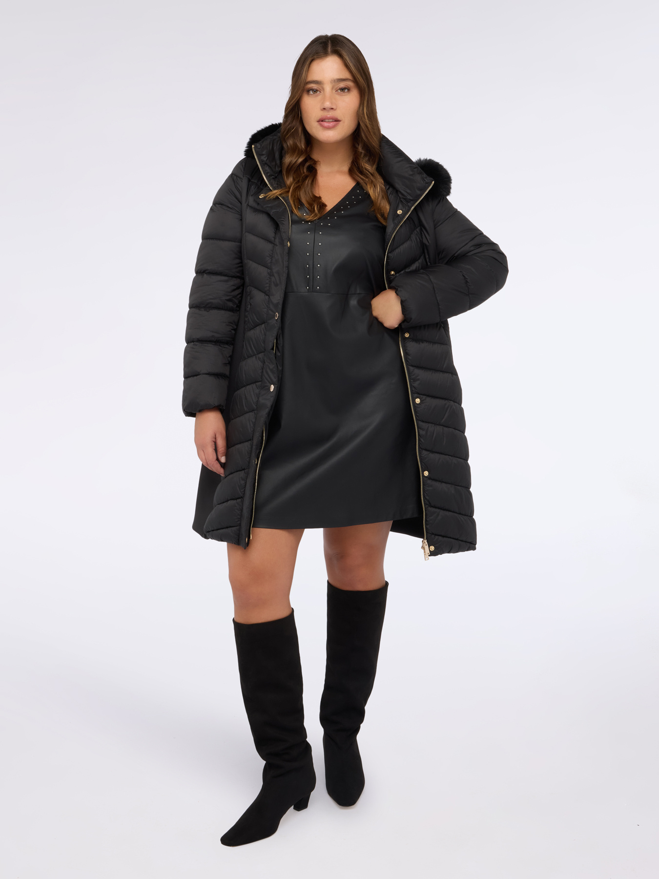 Long down jacket with hood and quilting image number 2