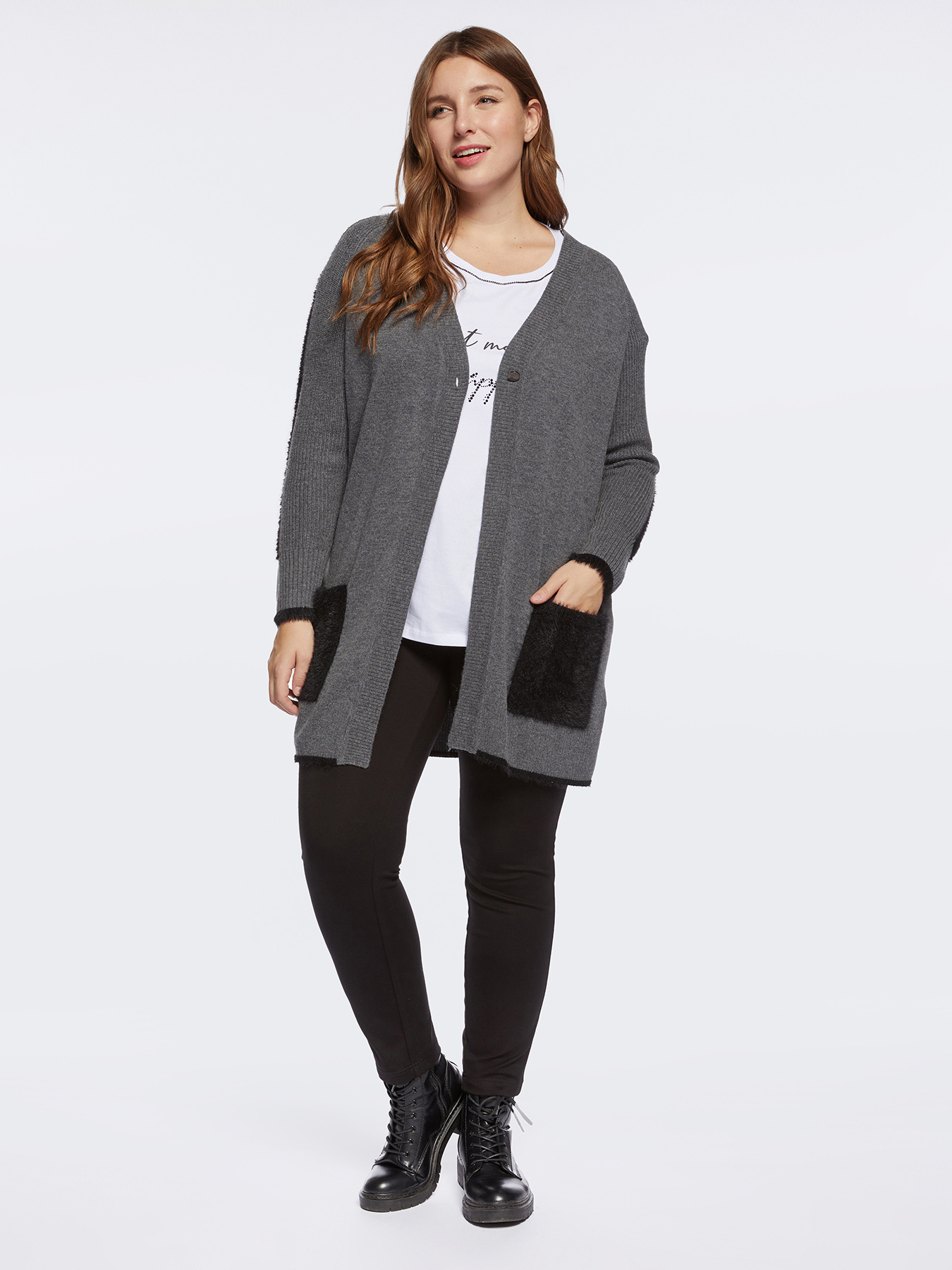 Cardigan lungo con bordi neri image number 2