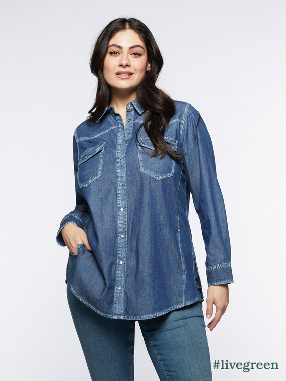 Fiorella Rubino - Camicia lunga in chambray Donna, Blu Taglia: 45 (54 IT)