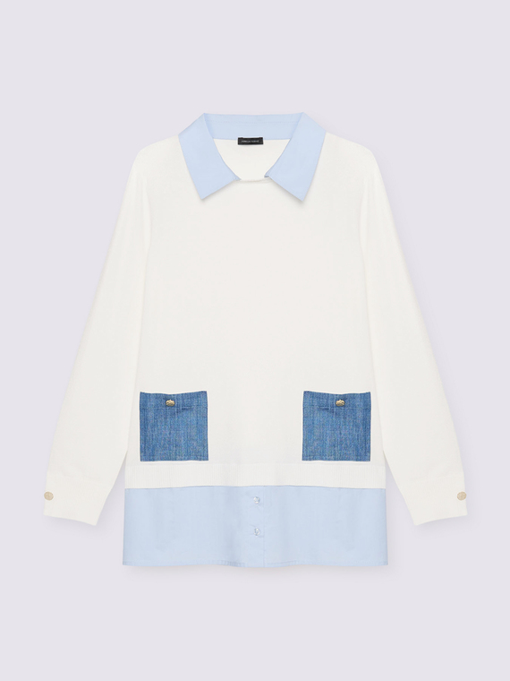 Maglia bimaterica con tasche in denim