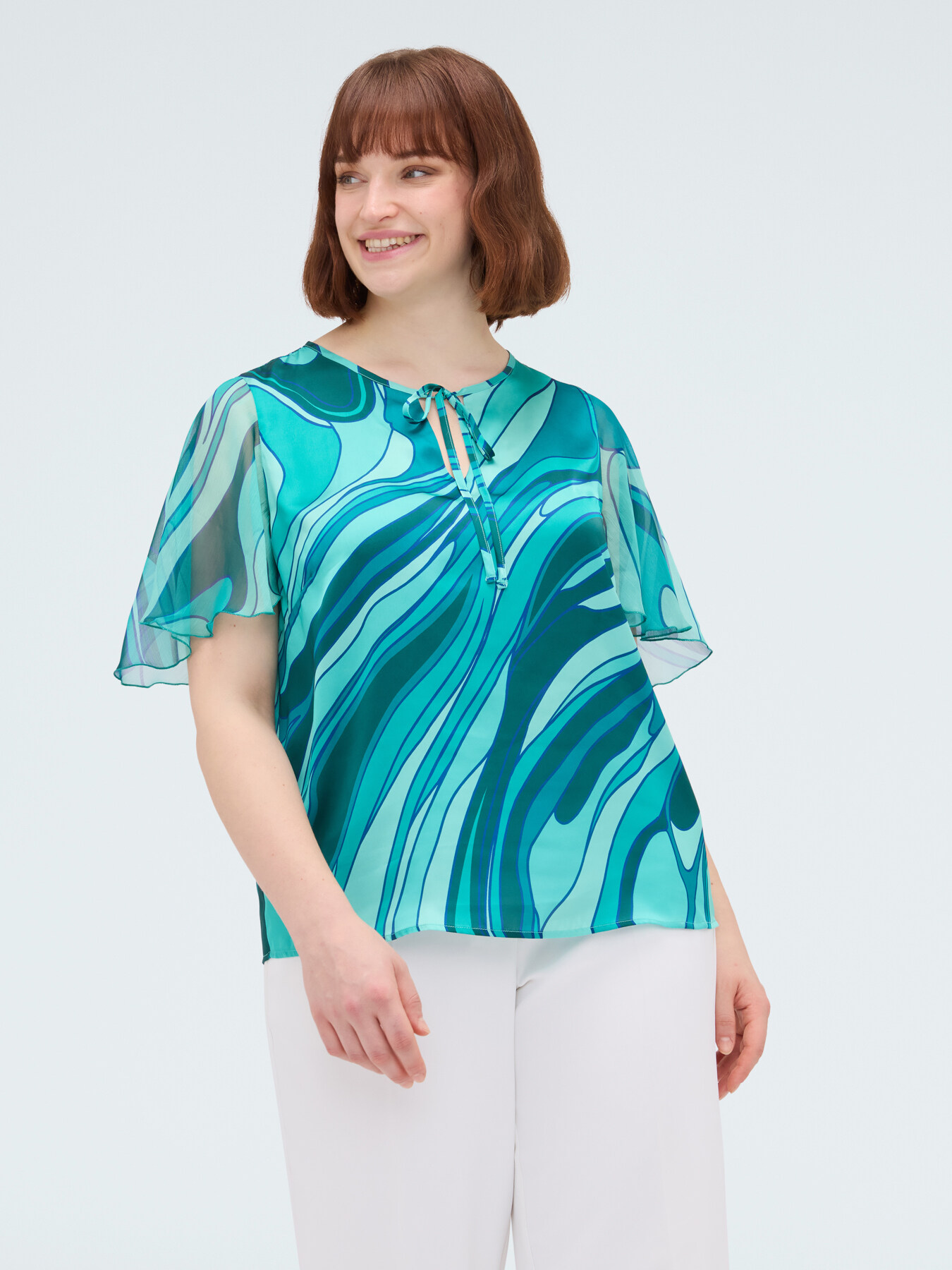 Bi-material blouse with print image number 0